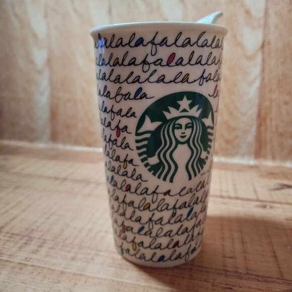 2011 STARBUCKS Falala Travel Mug Holiday Fa La La Double Wall Ceramic & Lid 12oz - Picture 7 of 11
